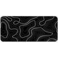 Black and white topographic desk mat on developer desk setup with mechanical keyboard.
