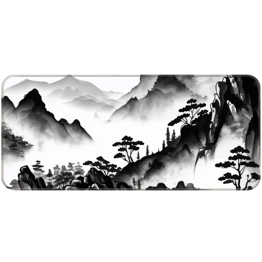 Japanese minimalist mountain desk pad ink wash style.